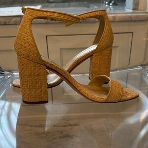 J McLaughlin Woven Ankle-Strap Block Heel Sandals in Tan